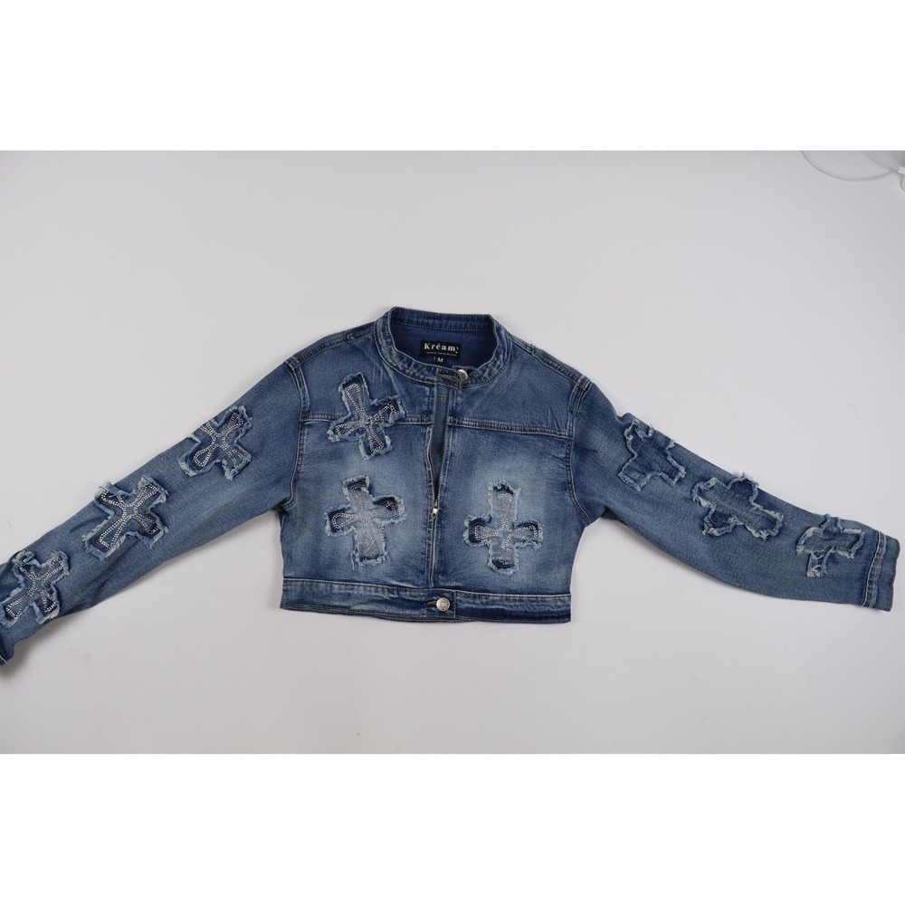 Kream Denim Jacket Rhinestone Cross Applique Blue Distressed Size M NEW